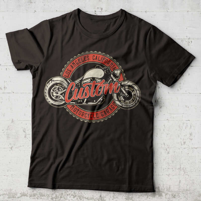 Custom Motorcycle Garage. Editable t-shirt design.