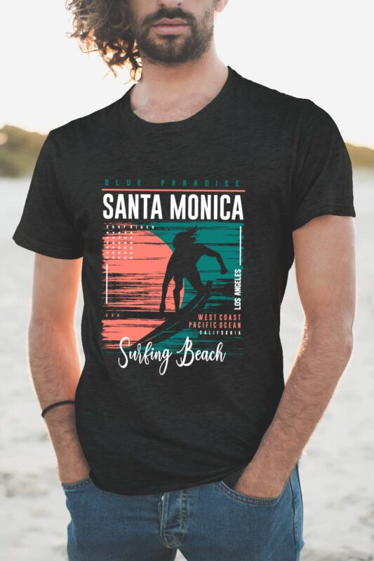 T-Shirts 3dRose Alexis Design Sea Beach Surf Santa Monica Beach Best Surfing Decorative Text on White Background 