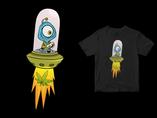 Cute aliens take cannabis, funny design cartoon