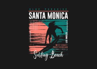 Santa Monica Surfing Beach Paradise t shirt template vector