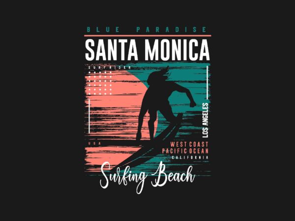 Santa monica surfing beach paradise t shirt template vector