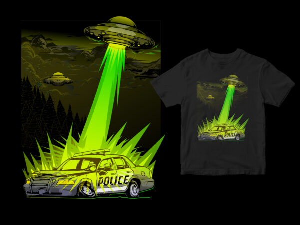 Aliens destroy police cars funny design cartoon