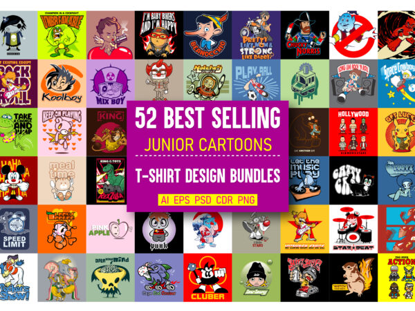 52 best selling “junior cartoons” t-shirt design bundles 52 best selling “junior cartoons” t-shirt design bundles