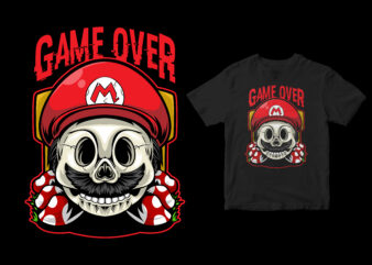 Game over. skull head super mario, cartoon t shirt design template