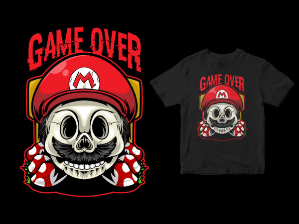 Game over. skull head super mario, cartoon t shirt design template