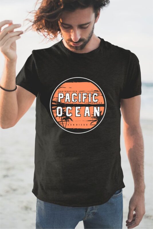 60 Surf Tropical Paradise T-shirt Design Vector Bundle. Surfing Beach, Outdoor and Travel Tee Shirt Pack. California, Los Angeles, Miami, Florida, Hawaii, Surf Rider Club.