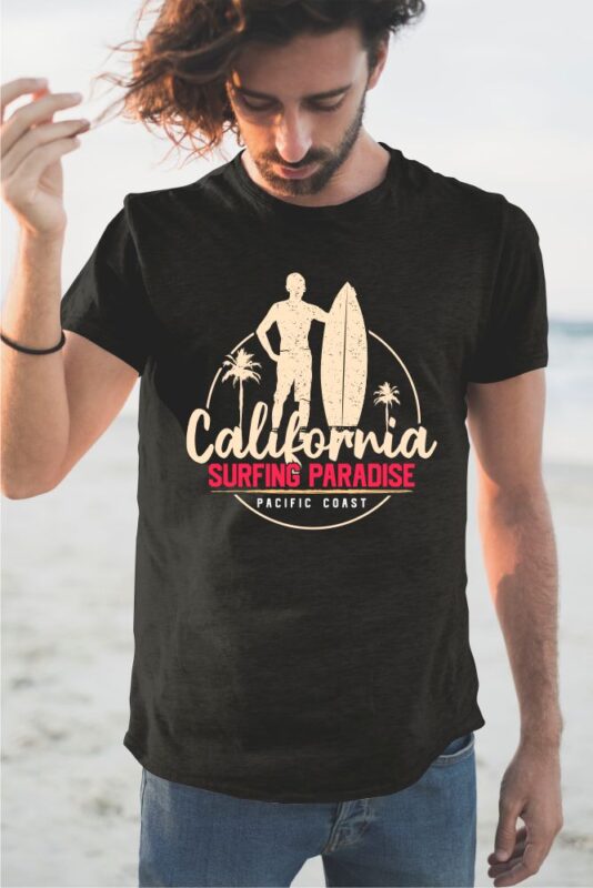 60 Surf Tropical Paradise T-shirt Design Vector Bundle. Surfing Beach, Outdoor and Travel Tee Shirt Pack. California, Los Angeles, Miami, Florida, Hawaii, Surf Rider Club.