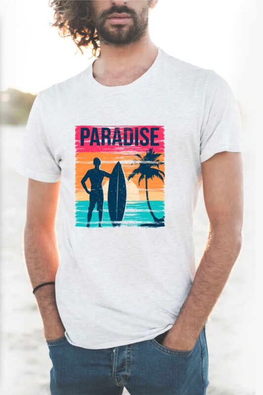 60 Surf Tropical Paradise T-shirt Design Vector Bundle. Surfing Beach, Outdoor and Travel Tee Shirt Pack. California, Los Angeles, Miami, Florida, Hawaii, Surf Rider Club.