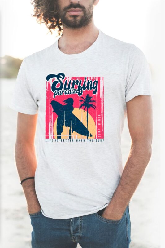 60 Surf Tropical Paradise T-shirt Design Vector Bundle. Surfing Beach, Outdoor and Travel Tee Shirt Pack. California, Los Angeles, Miami, Florida, Hawaii, Surf Rider Club.