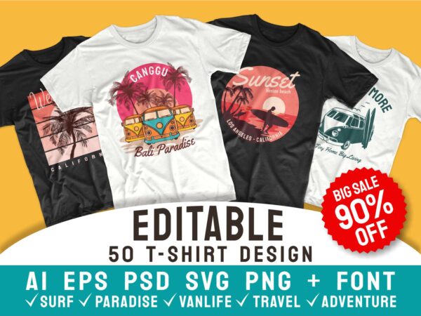 50 editable surfing paradise t-shirt design vector bundle. surf, travel, adventure and van life. t shirt designs pack collection. ai eps psd svg png file