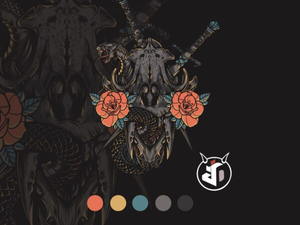 Skull sword flower t-shirt design