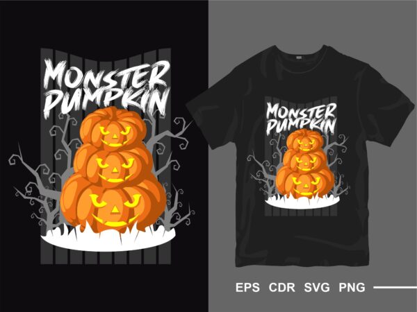 Halloween monster pumpkin t-shirt design vector. ghost t shirt designs. creepy horror tee shirt. eps cdr svg png