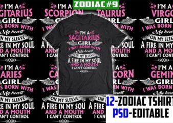 12 birthday Zodiac girl are born tshirt design bundle january february march apryl may june july august september october november december PSD File editable text #9 UPDATE