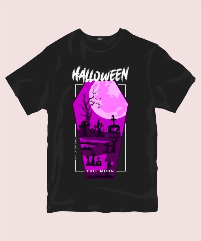 Halloween full moon t-shirt design vector silhouette. Day of the dead t shirt designs. Creepy horror tee shirt for commercial use. Eps cdr svg png
