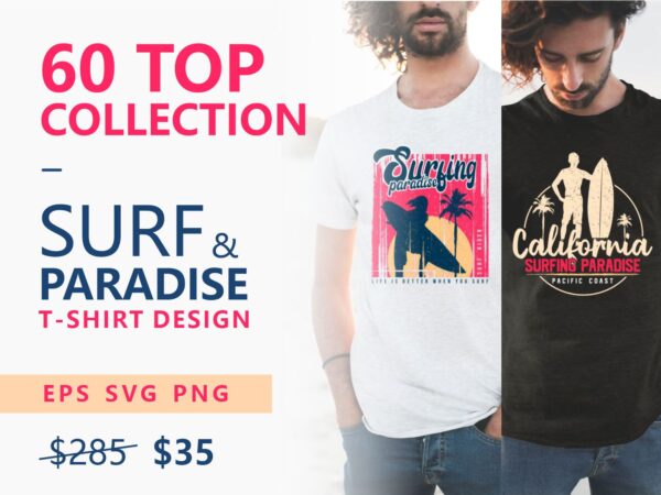 60 surf tropical paradise t-shirt design vector bundle. surfing beach, outdoor and travel tee shirt pack. california, los angeles, miami, florida, hawaii, surf rider club.