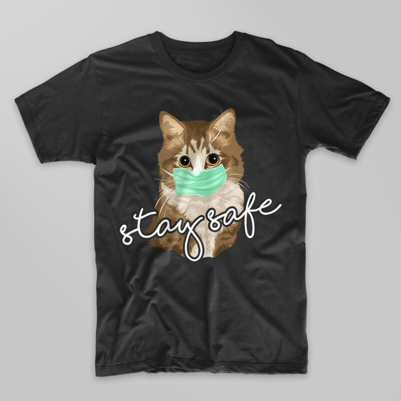 Stay safe cute cat cat wearing a mask t-shirt design vector, Trendy corona virus pandemic t shirts designs