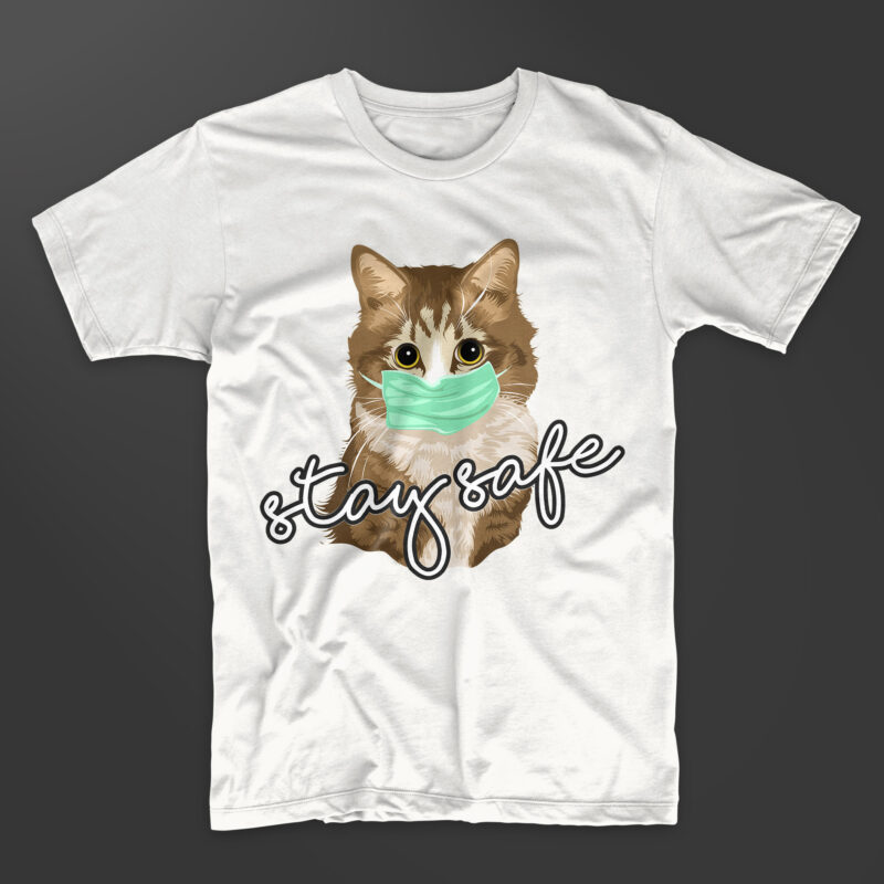 Stay safe cute cat cat wearing a mask t-shirt design vector, Trendy corona virus pandemic t shirts designs