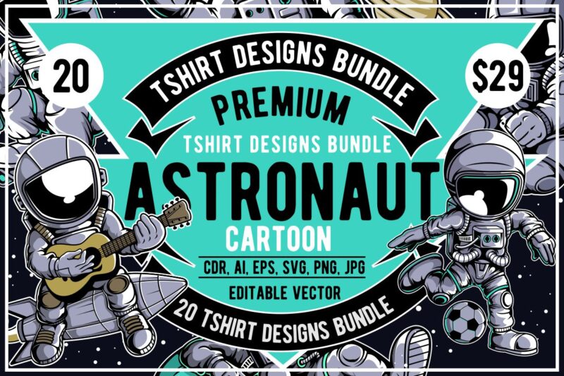 20 Astronaut Cartoon Tshirt Designs Bundle