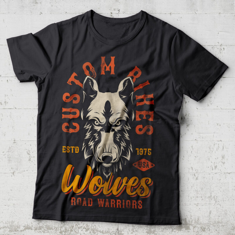 Wolves Custom Bikes. Editable t-shirt design.