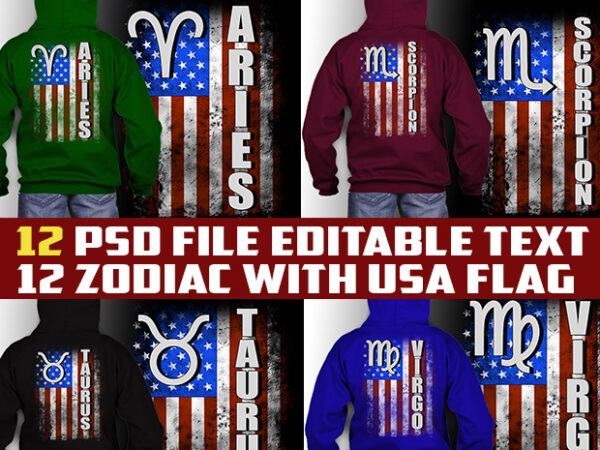 12 zodiac birthday with amercan flag bundle tshirt design psd file editable text and layer zodiac#10 update
