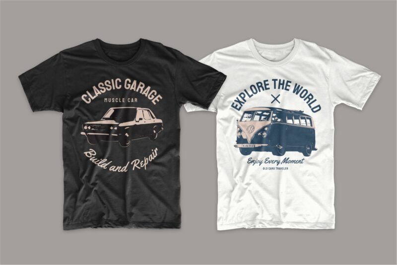 Car t shirt design bundle. Editable t-shirt designs bundle. Classic cars t-shirt design. Vintage t shirt design bundle. Retro t shirt designs bundle. Car logo design. Set of car t