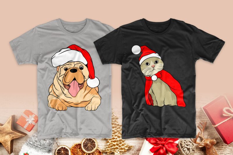 Christmas dog and cat t shirt designs cartoon bundle svg. Christmas bundle t-shirt design. Cartoon bundles svg png psd. Christmas T shirt design vector