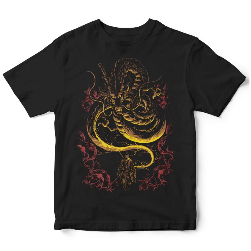 MYTHICAL JAPAN DRAGON SAMURAI T-SHIRT DESIGN