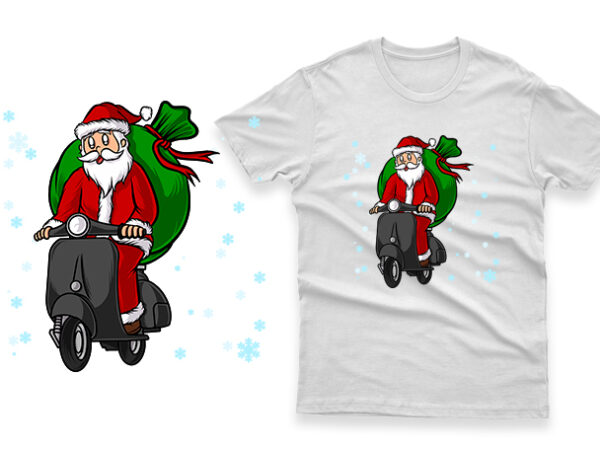 Santa claus riding a vespa scooter hand drawn 100% vector ai, eps, svg, png transparent background