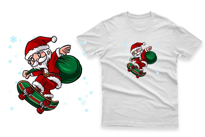 santa claus riding a skateboard hand drawn 100% vector ai, eps, svg, png transparent background