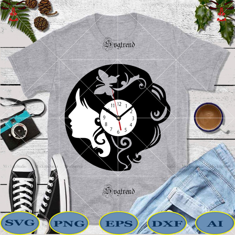 Clock Svg, Clock has a girl’s face Svg, Wall Clock Svg, Butterfly Svg, Vinyl record membership club Svg, Subscription service for music discovery Svg, vinyl record membership club logo