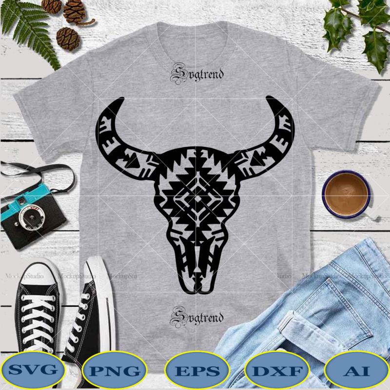 Cow Skull Svg, Cow Skull logo, Cow Face Svg, Heifer SVG, Cow head tattoo pattern vector, Mandala Svg, Cow Skull with Aztec Pattern Farmhouse SVG dxf png eps ai