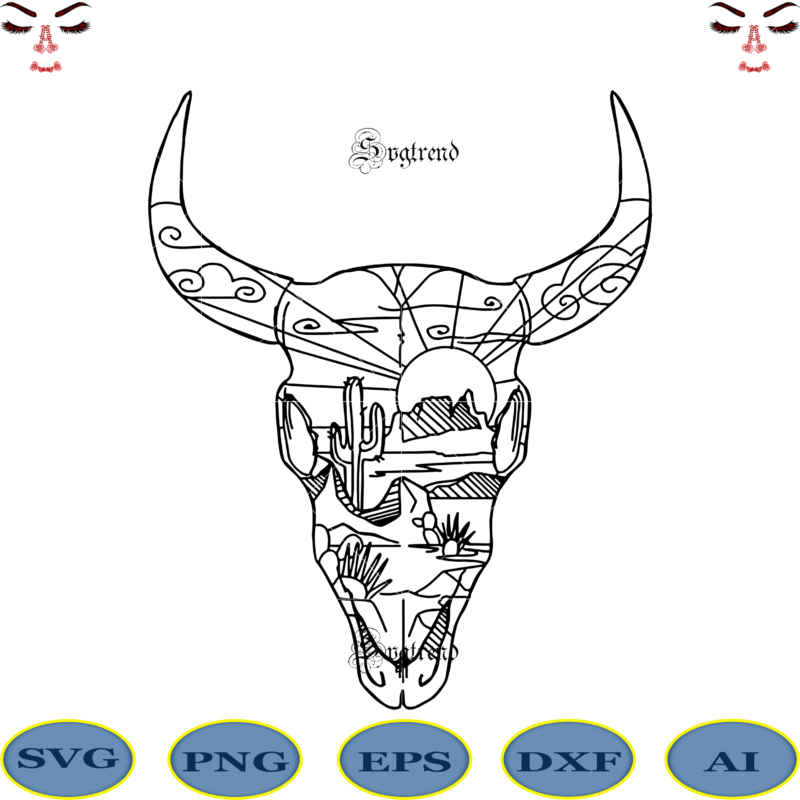 Cow head tattoo pattern vector, Desert Scene Steer Skull Svg, Skull Cow Face Svg, Desert Scene Steer Svg, Cow Head Svg, Heifer Cow Svg, Farm Animal Cut File for Cricut