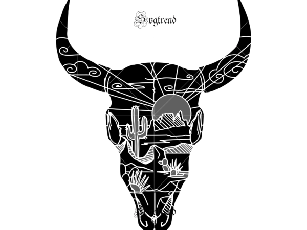 Cow head tattoo pattern vector, desert scene steer skull svg, skull cow face svg, desert scene steer svg, cow head svg, heifer cow svg, farm animal cut file for cricut,