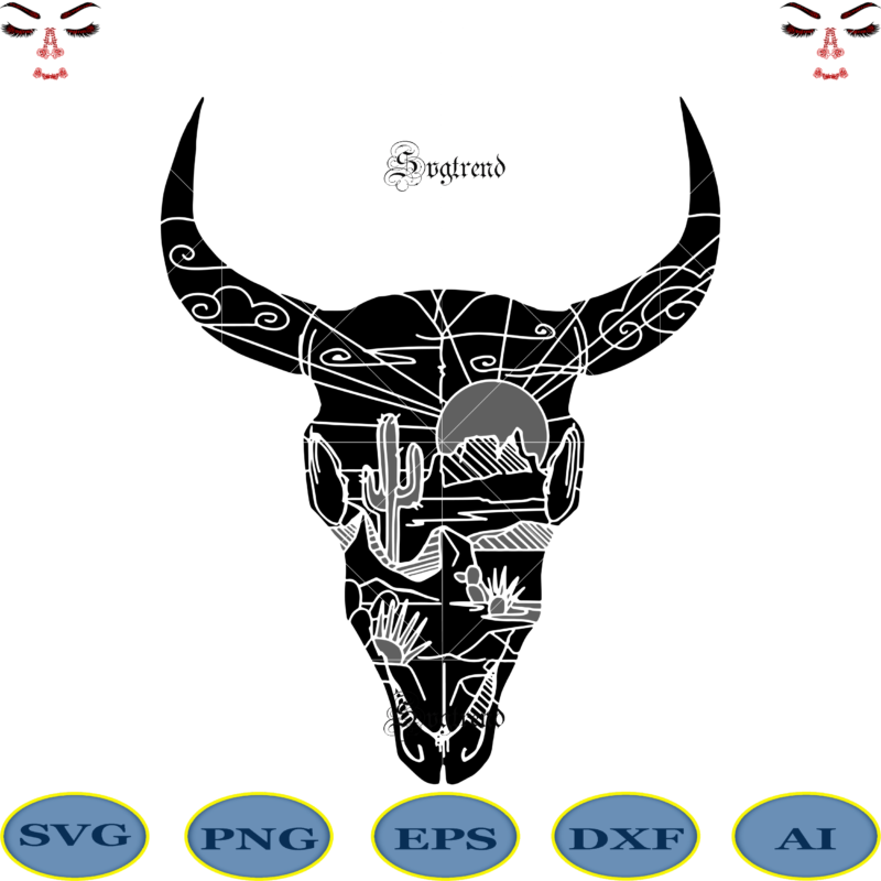 Cow head tattoo pattern vector, Desert Scene Steer Skull Svg, Skull Cow Face Svg, Desert Scene Steer Svg, Cow Head Svg, Heifer Cow Svg, Farm Animal Cut File for Cricut,