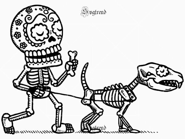 Halloween of death, devil vector illustration, dead man’s skeleton illustration svg, human skeleton walking dog skeleton in the day of the dead svg, human skeleton dog skeleton walking on halloween