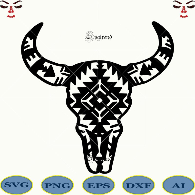 Cow Skull Svg, Cow Skull logo, Cow Face Svg, Heifer SVG, Cow head tattoo pattern vector, Mandala Svg, Cow Skull with Aztec Pattern Farmhouse SVG dxf png eps ai