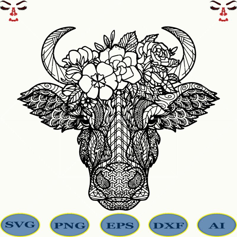 Cow Skull logo, Cow Skull Svg, Cow Skull vector, Cow skull with flowers Svg, cow skull Mandala Svg, Skulls are used to dress up during Halloween Svg, Halloween death Svg,