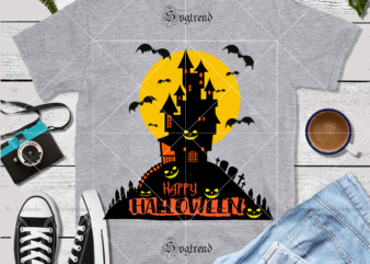 Haunted castle and bat in Halloween costume festival vector, Hallowe’en vector, All Hallowe’en logo, All Hallows’ Eve Svg, All Saints’ Eve vector, Day of the dead vector, Happy Halloween Cut