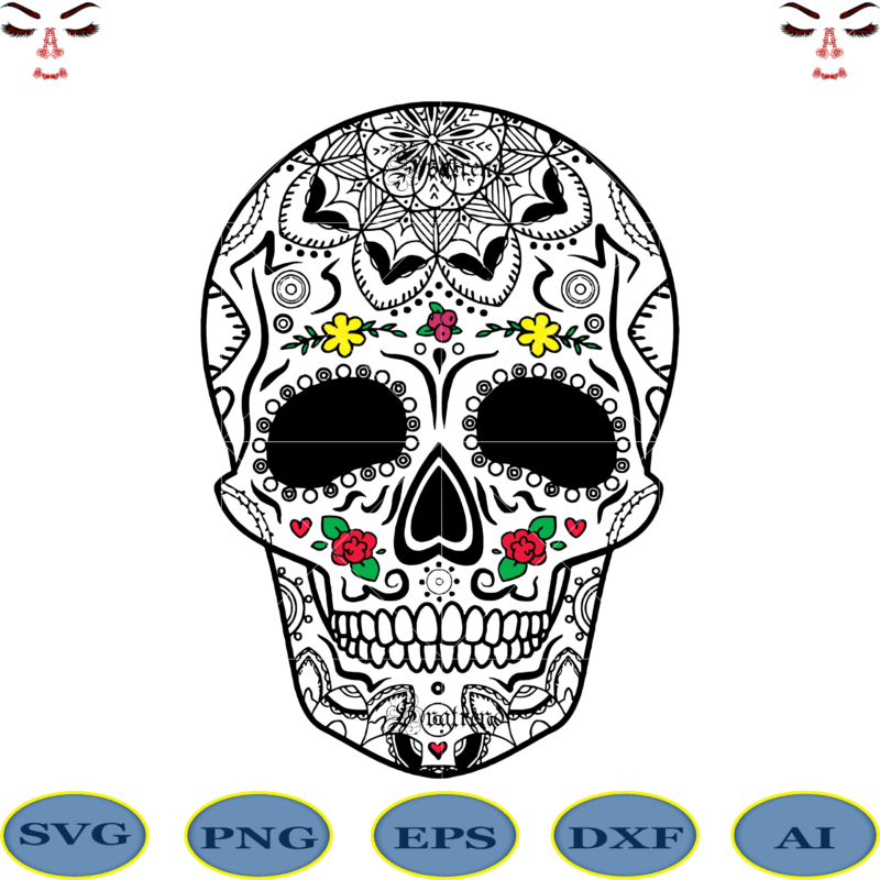 Sugar Skull Svg, Skull Svg, Skull vector, Sugar skull art vector, Skull with flower Svg, Skull Tattoos Svg, Halloween, Day of the dead Svg, Calavera Svg, Mandala Skull, Mexican Skull