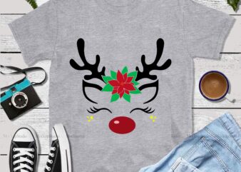 Christmas Reindeer, Reindeer face with Poinsettia Svg, Reindeer face Svg, Merry Christmas svg, Merry Christmas vector, Merry Christmas logo, Christmas Svg, Christmas vector, Christmas logo, Christmas design, Santa Svg, Santa