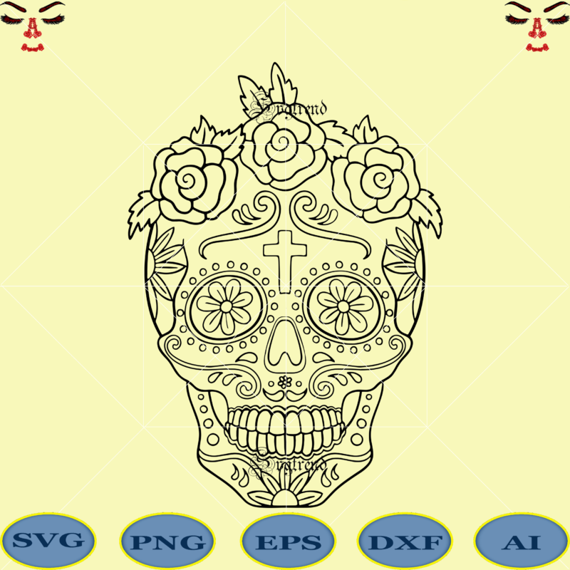 Sugar Skull With Roses vector, Roses Svg, Skull With Roses Svg, Sugar skull Svg, Sugar skull art vector, Skull Png, Skull Svg, Skull vector, Skull logo, Day of the dead