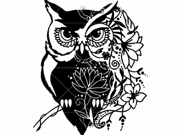 Owl vector, owl logo, owl svg, floral motifs mixed black and white vector, owl mandala svg, owl cut file, owl zentangle svg vector dxf png, owl mandala logo, owl mandala