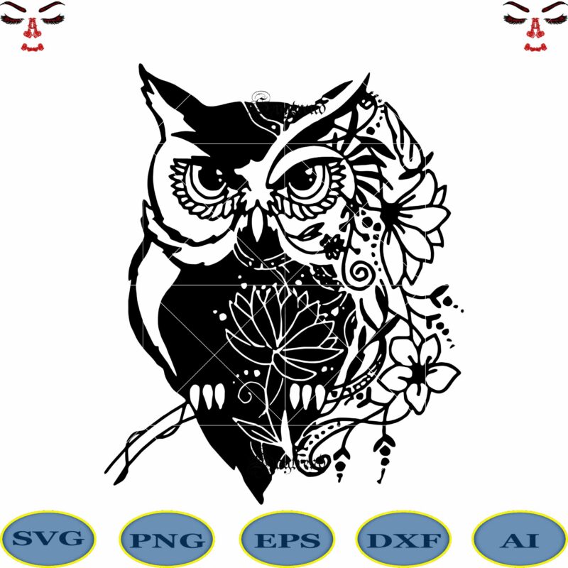 Owl vector, Owl logo, Owl Svg, Floral motifs mixed black and white vector, Owl mandala svg, owl cut file, owl zentangle svg vector dxf png, Owl mandala logo, Owl mandala