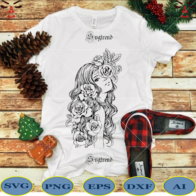 Girl with roses Svg, Girl Svg, Roses Svg, Girl with Roses Vector, Girl vector, Roses Vector, Roses Svg, Girl with black and white rose Svg, Tattoo artist Girl with roses