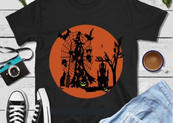 Halloween horror and creepy t-shirt design with full moon silhouettes. happy halloween svg, day of the dead vector, happy halloween cut file, happy halloween vector digital download file. silhouette halloween