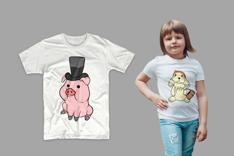 Animals Cartoon Bundle T-shirt Design Vector Illustration. Animal T shirt Designs Bundles, Cute Animal Tee Shirts Pack Collection SVG PNG PSD