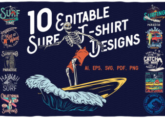 10 editable surfing t-shirts with bonus font – Big Wave