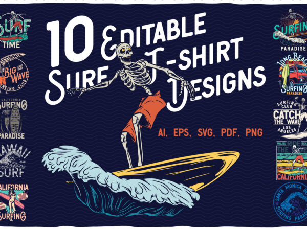 10 editable surfing t-shirts with bonus font – big wave