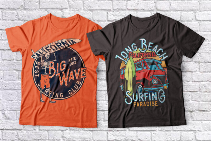 10 editable surfing t-shirts with bonus font – Big Wave