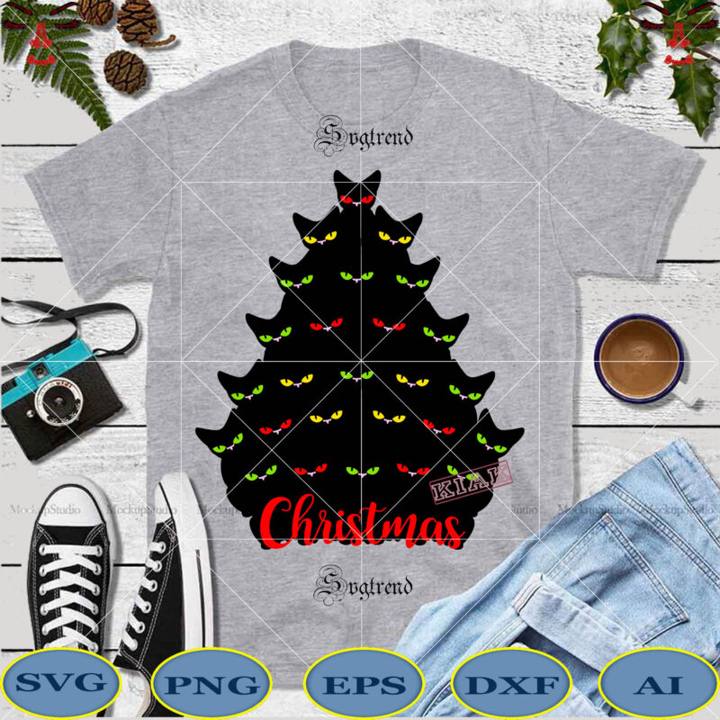 Cat christmas tree Svg, The colorful eyes of many cats combine to form the Christmas tree in Christmas 2020 vector, Cat vector, Kitten vector, Cat Christmas t shirt template vector,